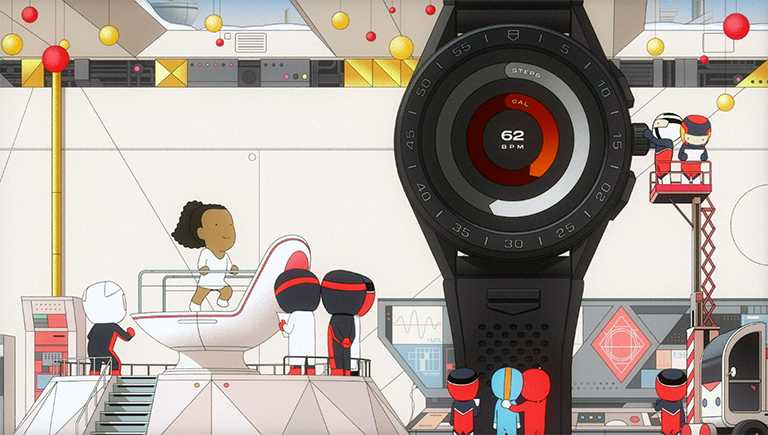 網球天后大坂直美，在太空艙跑步機上展示「Connected」智能腕錶的監測運動健康功能╱77,400元。（圖╱TAG Heuer提供）