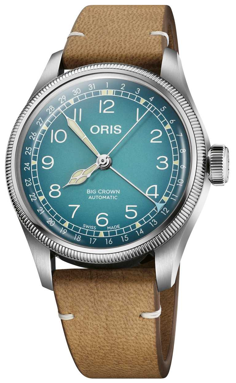 ORIS「Big Crown」x Cervo Volante聯名腕錶，冰川藍錶盤款，38mm，Oris 754自動上鍊機芯╱60,000元。（圖╱ORIS提供）