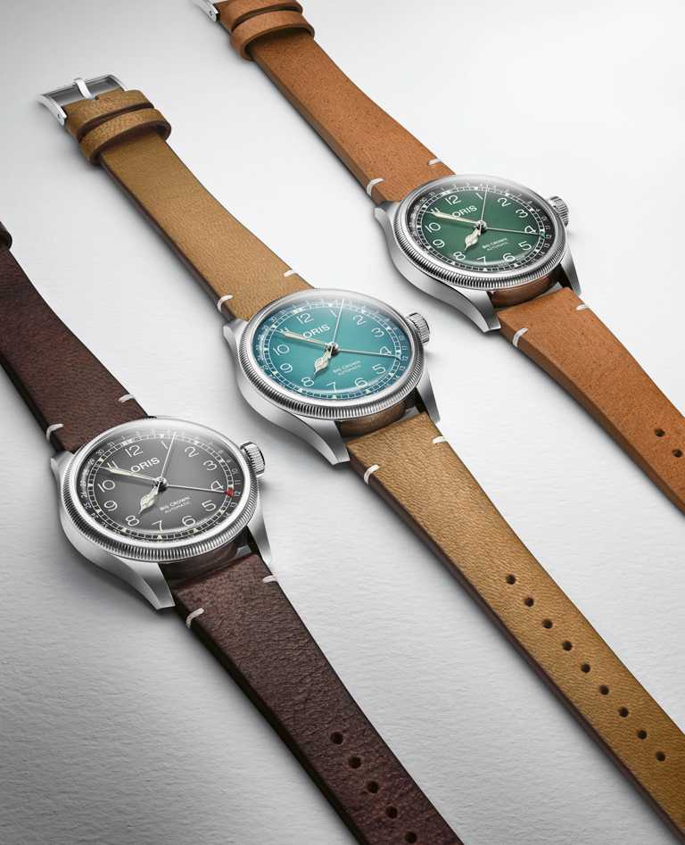 （由左至右）ORIS「Big Crown」x Cervo Volante聯名腕錶，岩石灰、冰川藍、蔥鬱綠錶盤╱60,000元。（圖╱ORIS提供）