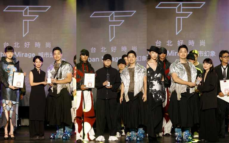 (左)學生組金獎得主黃琬鈞與市長蔣萬安合影。(中)設計師銀獎得主陳樵一與市長蔣萬安合影。(右)設計師組佳作得主賴品聿與市長蔣萬安合影。（圖／品牌提供）
