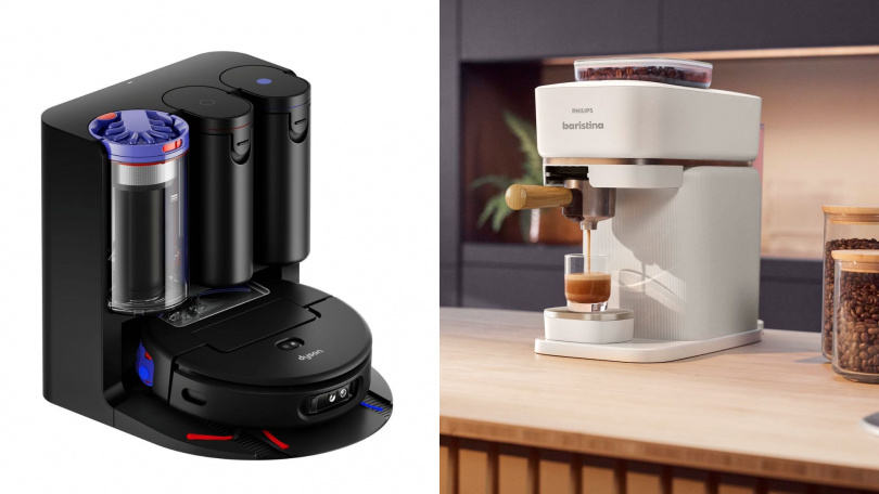 左：Dyson Spot+Scrub Ai 掃拖機器人 推薦價24,900元（新品上市）→買即贈「DYSON SPOT+SCRUB AI 專用配件組 + Dyson 硬質地面清潔劑500ml」（限量）。右：PHLIPS 一滑極萃義式咖啡機Baristina BAR 302／20 特價14,900元 原價19,999元（首賣）→買即贈3,000點skm points（限量）（圖/業者提供）