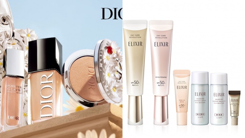 左：DIOR 迪奧超完美持久亮采露－限量版#630／柔光粉底液30ml／亮采餅限量版#003 推薦價1,750元／2,700元／2,650元（限量）。SHISEIDO東京櫃怡麗絲爾小金管家族雙倍組 特價1,890元 價值2,100元（9折）（圖/品牌提供）