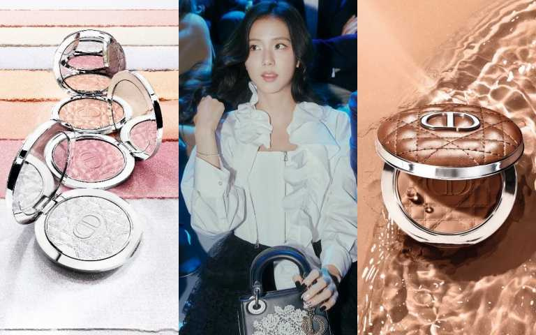 外觀升級為銀色皮革設計，蕊心壓印CD Logo與經典藤格紋，光是打開就像在看精品。6色選擇中，小編特別推薦「03 櫻花粉」與官網限定「02 香檳金」，前者打造自然紅潤，後者則可疊加於眼下、額頭或唇峰，營造高級光澤肌。DIOR 全新迪奧超完美持久亮采餅6g，共6色／2,200元（圖／取自 jisoo IG）