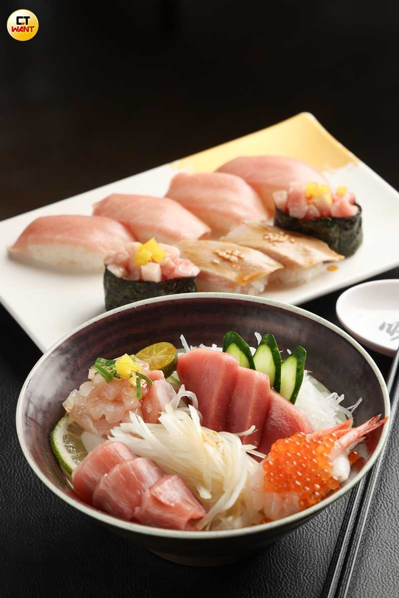 順億人氣品項「極味鮪魚TORO海鮮丼」(前,450元)、以充滿脂香的大腹為主的「鮪盛合細雪」。(600元,圖/林士傑)