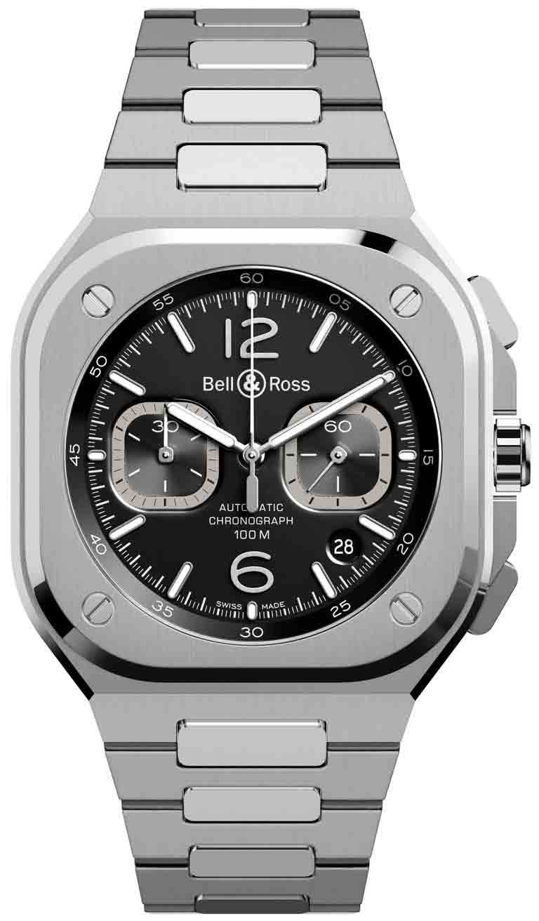 Bell & Ross「BR05」系列Chrono Black Steel計時腕錶╱精鋼錶殼、錶鍊，極黑色錶面，BR 302型自動上鏈機芯，42mm╱211,000元。（圖╱Bell & Ross提供）