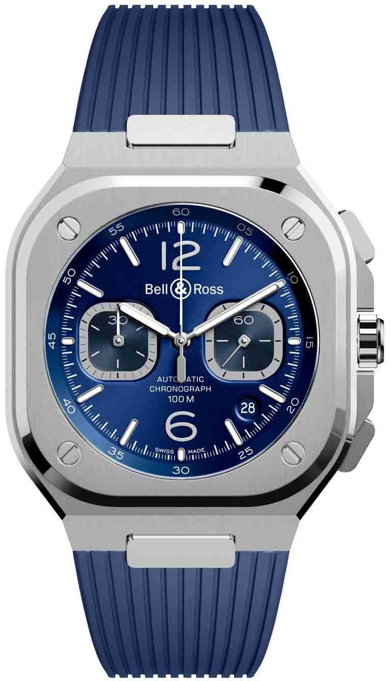 Bell & Ross「BR05」系列Chrono Blue Steel計時腕錶╱精鋼錶殼，橡膠錶帶，深藍色錶面，BR 302型自動上鏈機芯，42mm╱192,000元。（圖╱Bell & Ross提供）