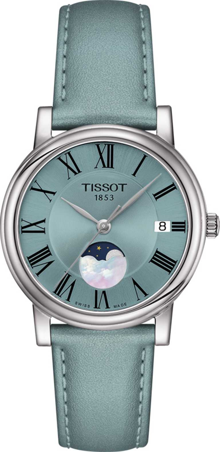TISSOT「Carson Premium Moonphase」卡森系列月相女錶（淺藍色面盤款），32mm，316L精鋼錶殼，石英機芯╱10,600元。（圖╱TISSOT提供）