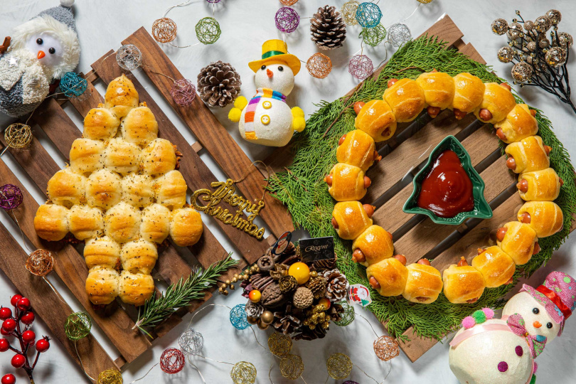 台北晶華的自製麵包「聖誕樹佛卡夏」與「酥皮香腸花圈」，每款380元起。