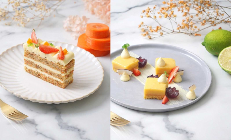 「美式經典胡蘿蔔蛋糕」（左，170元）、「私房檸檬冰心吧」（180元）。