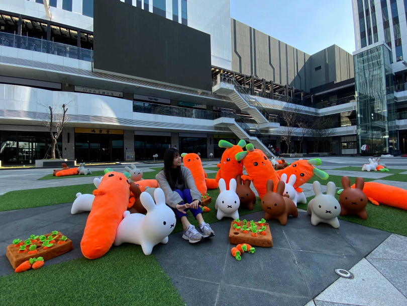 大里藝術廣場新春期間打造了「兔飛萌進」創意裝置展，以100隻跳跳兔搭配100根絨布紅蘿蔔，組合成可愛又吸睛的地景藝術展。（圖/DaliArt藝術廣場)