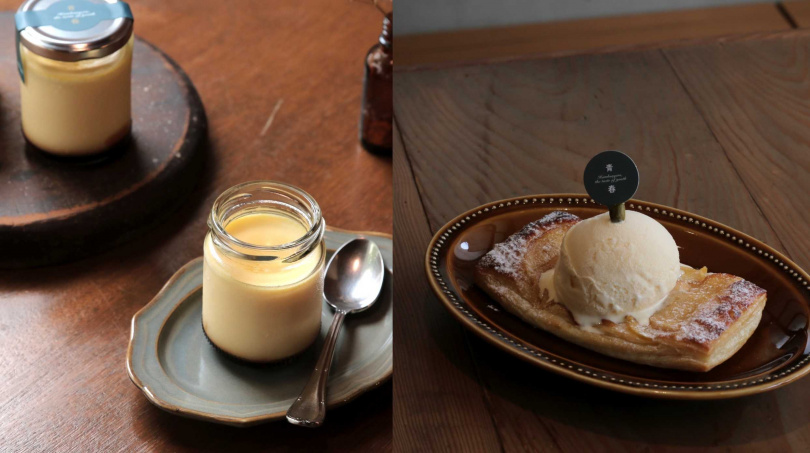 甜點新品「手工原味焦糖布丁」（左，120元）、「烤蘋果可頌派與冰淇淋」。（130，圖／青春．Aoharu Burger提供）