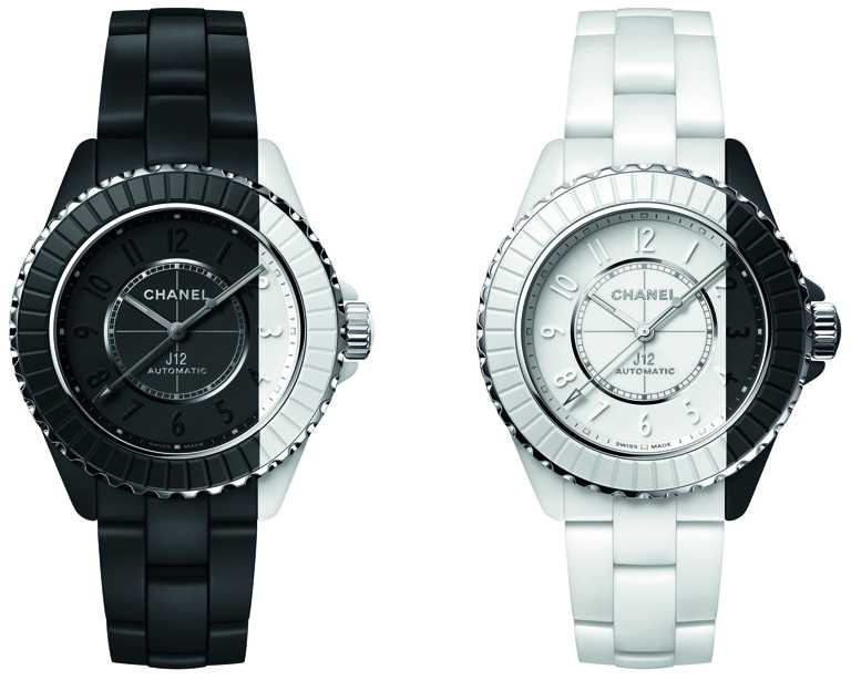 CHANEL「J12 Paradoxe」腕錶套組，Only Watch 2021特别版，（左）霧面黑與白高抗磨陶瓷錶殼；（右）霧面白與黑高抗磨陶瓷錶殼。（圖╱CHANEL提供）