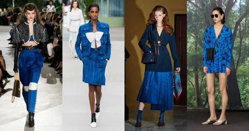 2020早春許多時裝品牌早在時裝周上搶先預告「經典藍」將成為話題趨勢。（圖／Louis Vuitton、Chanel、Fendi、Balenciaga）