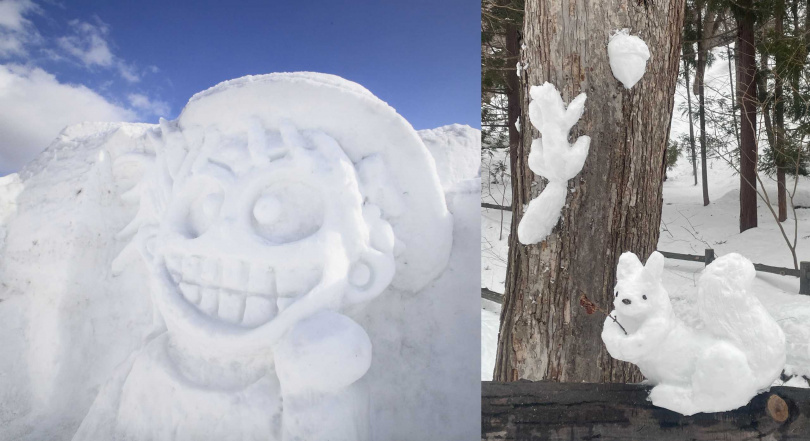 遊客可以挑戰製作2公尺高的大型雪雕（左），右為白雪藝術體驗。（圖／活動單位提供）