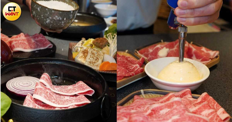 專人開鍋會協助前面煎肉的部分,包括撒上日本上白糖(左),並現打「靈芝蛋慕斯」,建議品嘗時可於慕斯中撒入七味粉再用肉蘸取可提升風味。(圖/魏妤靜攝)