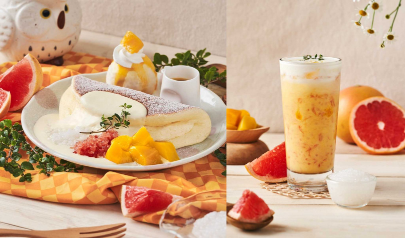 「楊枝甘露冰淇淋鬆餅」（左，380元，內含130元飲品）、「鮮柚楊枝甘露」。（195元，圖／Woosa洋食鬆餅屋提供）