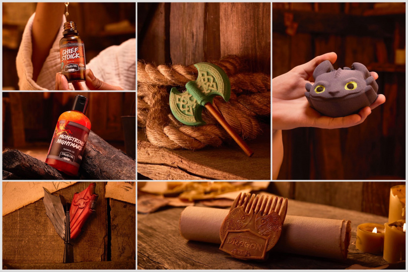 LUSH 沒牙汽泡彈/380元、亞絲翠斧頭泡泡浴芭/650元、沒牙尾翼香氛皂/300元、大塊頭史圖依克頭髮及鬍鬚保養油/900元、戈伯梳子/400元、猛烈兇魘沐浴露120g / 550元；290g / 1,100元；580g / 1,500元。（圖／品牌提供）