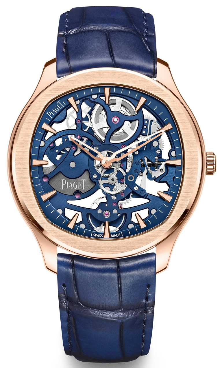 PIAGET「Polo」系列，伯爵藍鏤空18K玫瑰金超薄腕錶，42mm，18K玫瑰金錶殼，伯爵製1200S1自動上鍊鏤空機芯，鑽石56顆╱1,350,000元。（圖╱PIAGET提供）