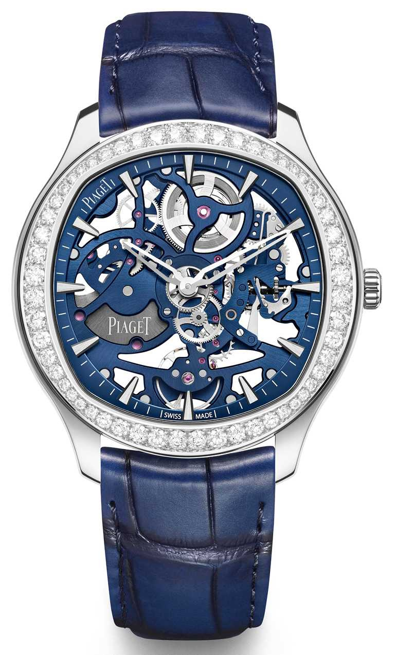 PIAGET「Polo」系列，伯爵藍鏤空18K白金鑽石超薄腕錶，42mm，18K白金錶殼，伯爵製1200S1自動上鍊鏤空機芯，鑽石56顆╱1,830,000元。（圖╱PIAGET提供）