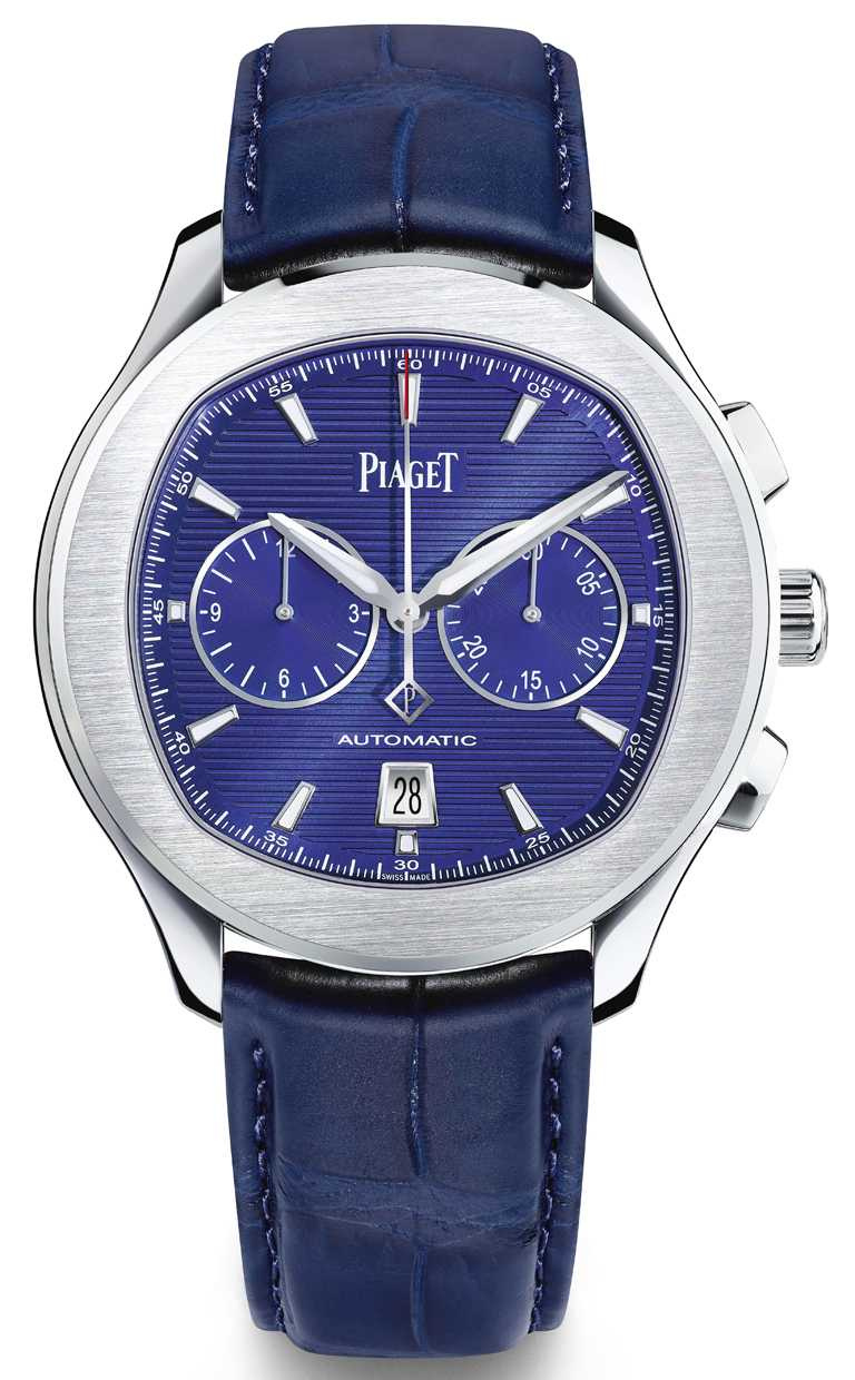 PIAGET「Polo」系列，伯爵藍精鋼計時碼錶，42mm，精鋼錶殼，伯爵製1160P自動上鍊機芯╱442,000元。（圖╱PIAGET提供）