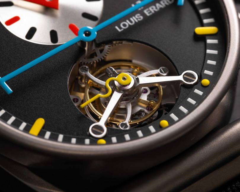 此款是繼之前雙方合作以三部曲套組形式推出的陀飛輪腕錶後，以單錶形式發表的新作，玩弄全新配色，腕錶以黑色為主色，讓面盤上其他顏色顯得更為突出與鮮豔。