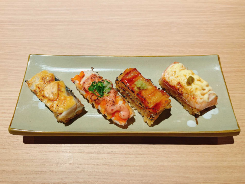 「精選四貫箱壽司」含星鰻、鮮蝦、鮭魚與鯖魚四種口味。（140元）