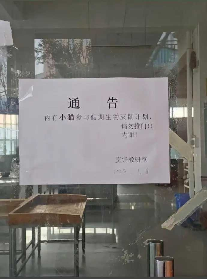 公告上闡明「內有小貓參加假期滅鼠企劃,請勿推門,謝謝!」路過的學生這才驚覺2隻小貓是在學校打工。(圖/翻攝小紅書)