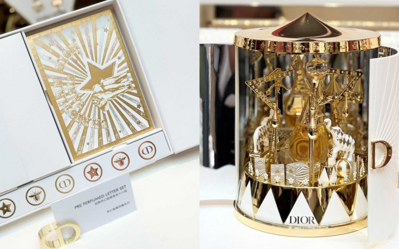 送禮最適合的「迪奧奇幻星願香氛卡片組」、已被VVIP秒殺的「迪奧奇幻星願小小世界」,現場也都有展示。(圖/吳雅鈴攝)