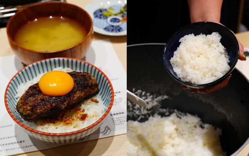 將可生食級雞蛋拌入飯中更添滑順（左），店內提供米飯每天也不相同，例如圖中為來自日本長野縣的越光米。
