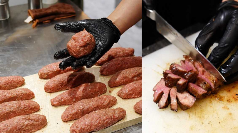 漢堡排會每日新鮮現打做成長條狀（左），限量提供的厚切牛舌僅於「特選牛舌排定食」提供。