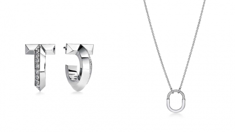 Tiffany T1 18K白金鑲鑽耳環/156,000元,Tiffany Lock 18K白金半鋪鑲鑽石鏈墜(小型款)/159,000元(圖/品牌提供)
