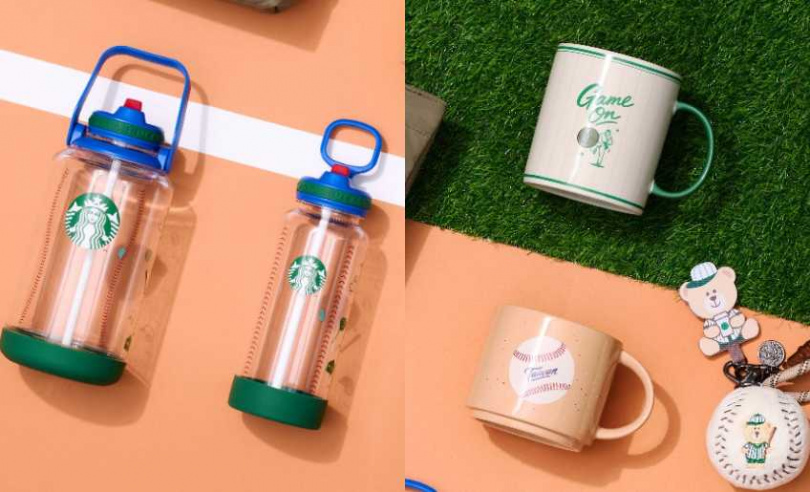 星巴克 64OZ棒球生活冷水壺／980元、32OZ棒球生活冷水壺／880元、強棒出擊馬克杯／600元、棒球生活尼龍手提袋／600元、旗開得勝馬克杯／600元（圖／品牌提供）