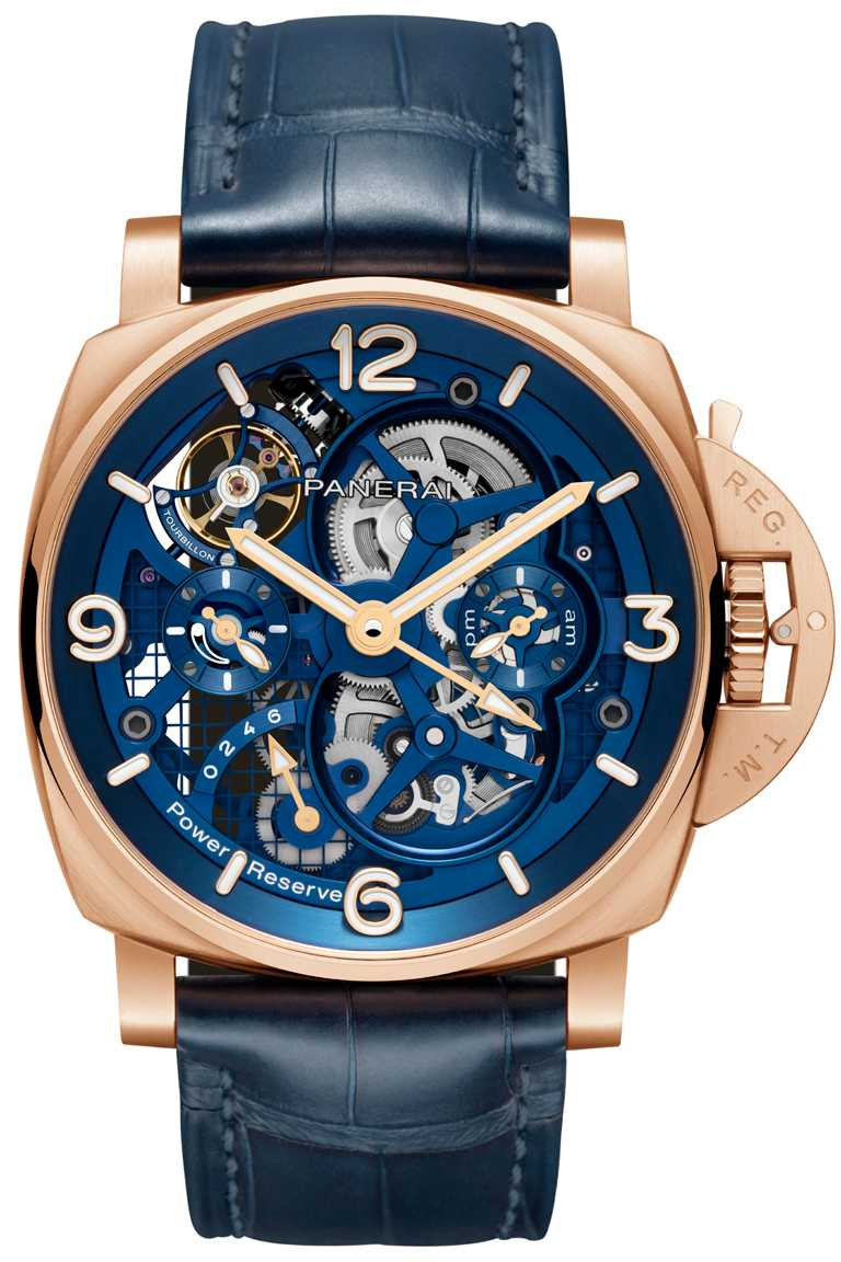 PANERAI「Luminor Tourbillon GMT Goldtech」陀飛輪兩地時間紅金腕錶╱5,150,000元。（圖╱PANERAI提供）