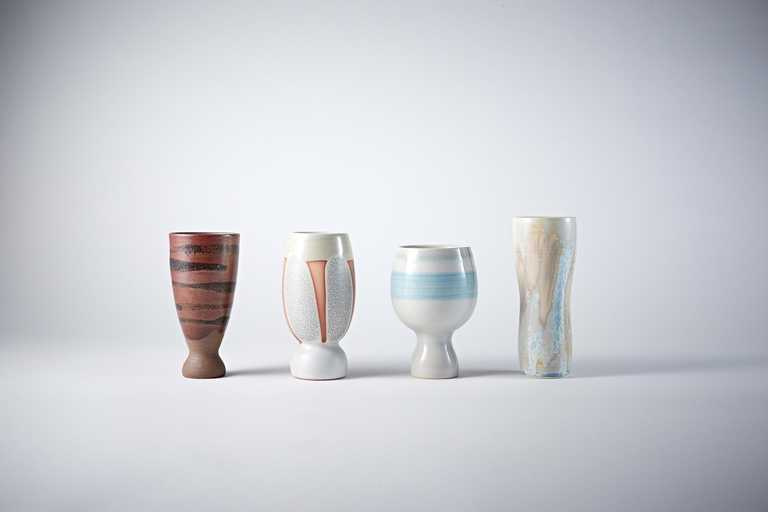陶藝職人手作陶器啤酒杯共四款，左起分別來自ASANO , SUETO ,IKARIYA ,KYOGESTU 四間窯場。
