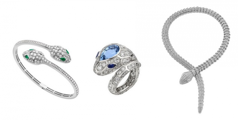 梁靜茹出席寶格麗新光三越信義A4店開幕記者會時所配戴的單品：（左）BVLGARI Serpenti Seduttori系列頂級鑽石與祖母綠手鐲、（中）BVLGARI Serpenti系列頂級海水藍寶石與鑽石戒指、（右）BVLGARI Serpenti系列頂級鑽石項鍊。（圖／寶格麗提供）