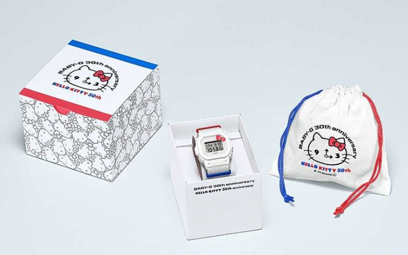 為紀念50周年，聯名錶款整體共擁有50個Hello Kitty圖樣，並附贈與腕錶相同設計的特殊外盒包裝。（圖／品牌提供）