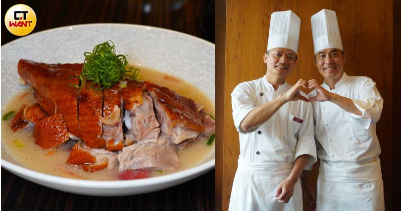 「鵝腿寬腸粉」是由餐廳主廚盧俊源(右圖右)、港式點心副主廚李建易攜手發想出來。(+1吃多500元,圖/魏妤靜攝)