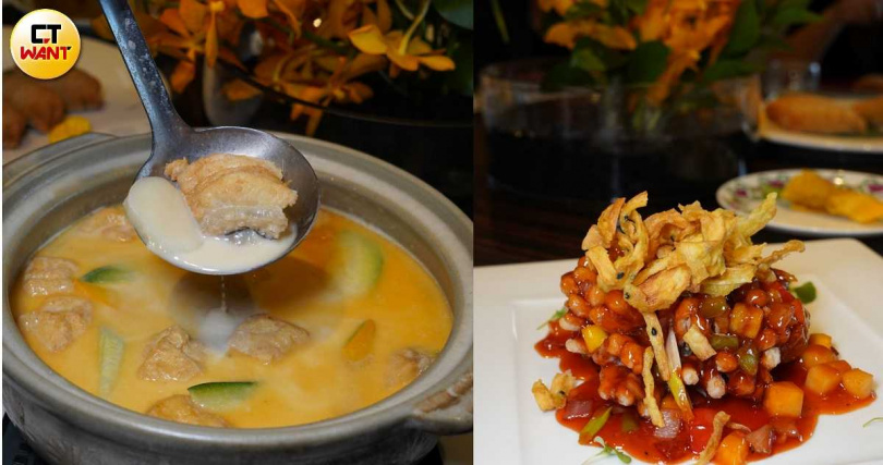 「干貝龍膽魚奶湯」升級加入干貝與小珠貝,讓湯頭更鮮美(左,1,280元 +10%),「糖醋珊瑚咕咾肉」則從「松鼠黃魚」發想而來。(780元 +10%,圖 /魏妤靜攝)