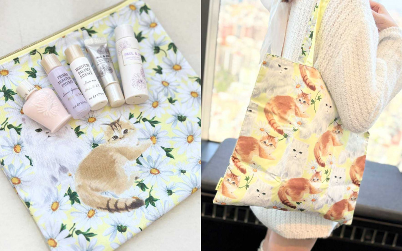 凡點用套餐,即贈市價3,465元的PAUL & JOE貓之日明星旅行7件組!內容物包含:糖瓷超抗陽隔離乳、糖瓷珍珠粉底霜、紫羅蘭草本補水精華、紫羅蘭草本修護乳、凡爾賽植粹緊緻彈潤精華乳、貓之日拉鍊化妝袋、貓之日雙面托特包。(圖/吳雅鈴攝)