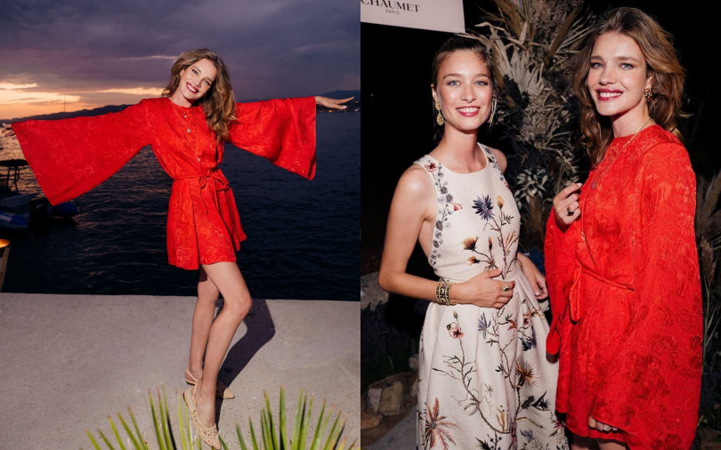 娜塔莉亞近期在參加海島晚宴時一襲輛紅色的飄逸袖口洋裝，配上編織風平底鞋，雖然是悠閒造型但不忘戴上閃閃發亮的高級飾品點綴，為穿扮增添華貴氣息。（圖／翻攝娜塔莉亞IG）