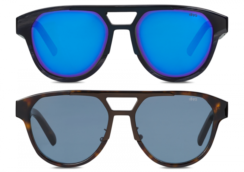 Sparkle 太陽眼鏡，摩登的飛行員輪廓太陽眼鏡，為 Berluti 2019冬季時裝秀中的點睛之筆。上圖: Sparkle 藍色鏡面太陽眼鏡/NT16,800，下圖:Sparkle 深棕色框太陽眼鏡/NT15,250。(圖片:品牌提供)