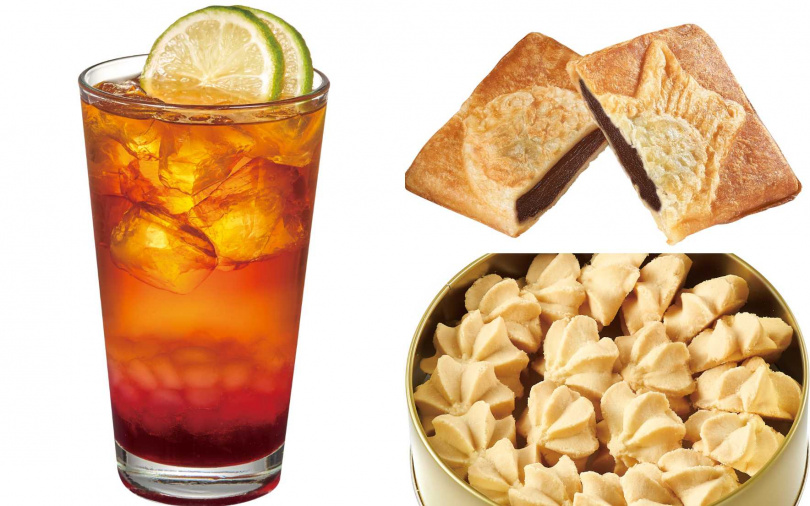 「綜合莓果蒟蒻冰茶」、「可頌鯛魚燒」和「摩斯曲奇餅」。