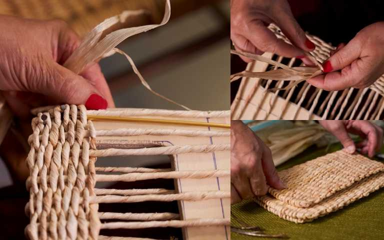 將乾燥後的玉米皮經過纏繞後形成的「麻繩」，藉由精細手工編織FENDI Baguette的包身。（圖／品牌提供）