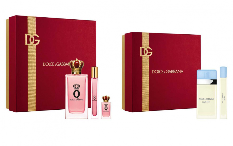 DG Q女王悸動淡香精100ml緋紅禮盒／5,800元  內含100ml香水+10ml香水+5ml香水、DG淺藍女性淡香水50ml緋紅禮盒／3,400元  內含50ml香水+10ml香水。（圖／品牌提供）