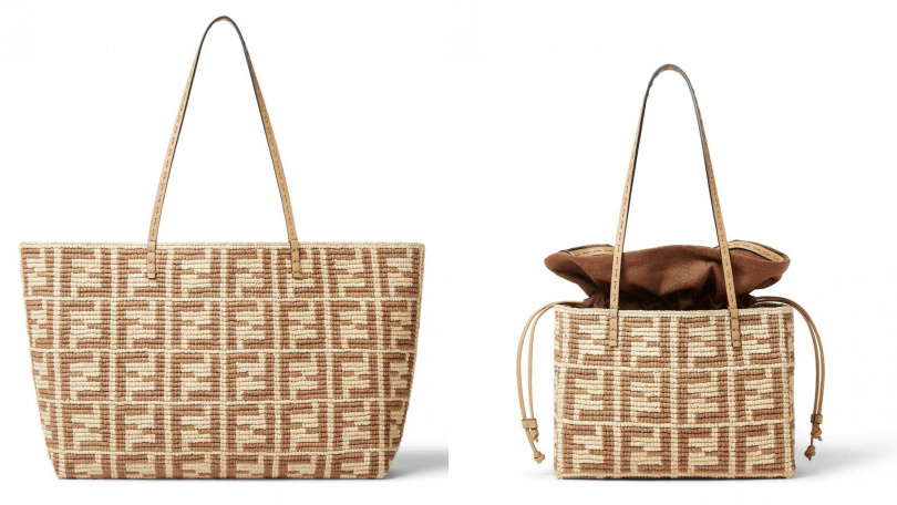 FENDI 拉菲草編織購物包(大)/67,400元,FENDI 拉菲草編織購物包(小)/61,200元(圖/品牌提供)