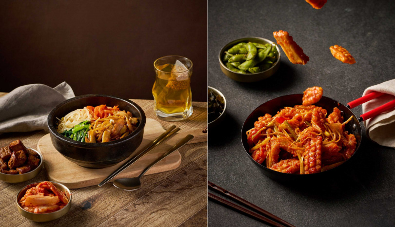 「煙燻達克拌飯」(左)、「辣炒生魷U」。(圖/YACHE提供)
