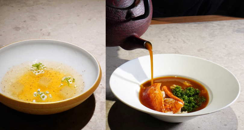 在波士頓龍蝦兩吃間轉換味蕾的「瓜瓜玉墜」（左）以熟木瓜與牛奶製成慕斯，搭配馬來西亞白燕窩、以丁香粉添香，右為「泡飯」。（圖／魏妤靜攝）