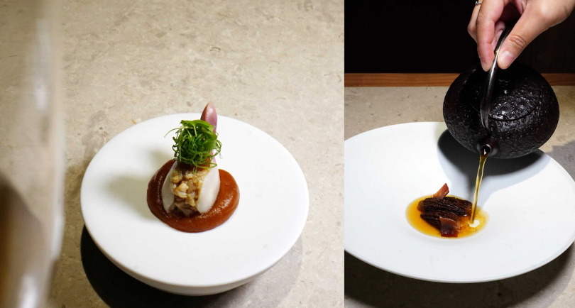 「一貫醉」（左）的北寄貝唇邊肉除了先以高粱酒醃漬，還浸入以花雕酒為基底、融合荳蔻、陳皮等香料的醬汁中靜置，酒香深邃，右為湯品「煲融」。（圖／魏妤靜攝）