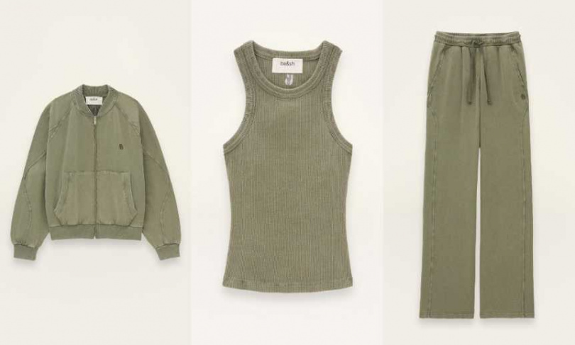 卡其綠KIRA拉鍊棉質運動衫、卡其綠MIA棉質背心、卡其綠KOKO棉質寬管褲。（圖／品牌提供）