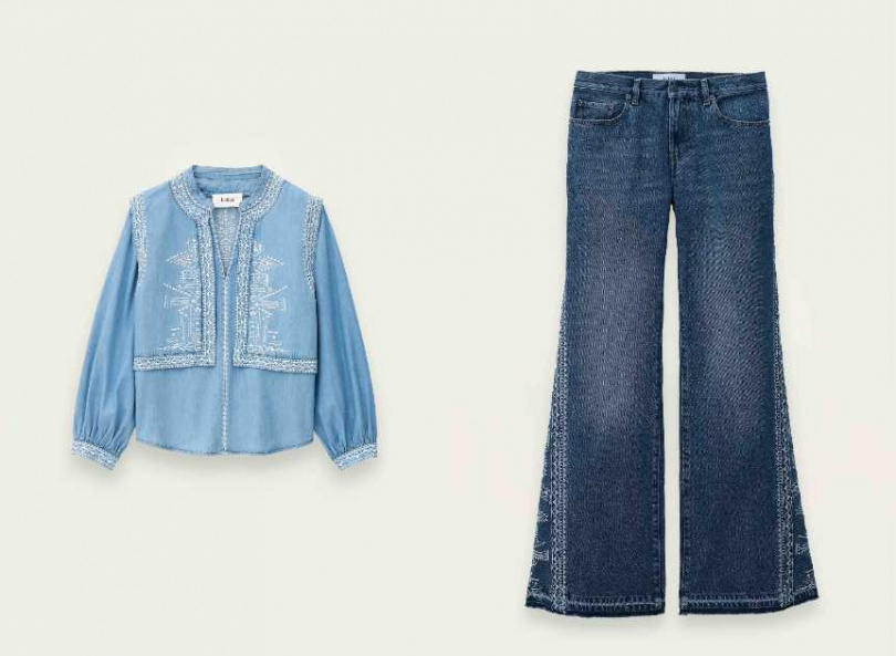 ba&sh LAURA 刺繡丹寧上衣，VIVY刺繡喇叭牛仔褲。（圖／品牌提供）